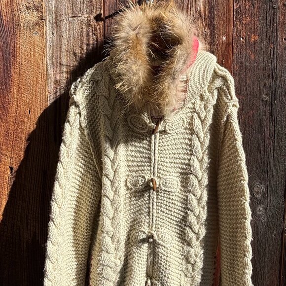 Parajumpers XL Ivory Long Wool Blend Sweater w detachable fur collar, zip front - Picture 1 of 11